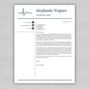 May include: A formal cover letter template for a registered nurse job application. The letter includes a professional header with a heartbeat graphic, contact information, and a salutation. The letter provides guidance on tailoring the cover letter to the specific job and organization.