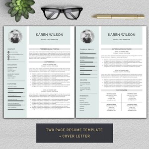 May include: A two-page resume template with a cover letter. The resume is for Karen Wilson, Marketing Manager. The resume includes contact information, education, experience, skills, awards, and interests.