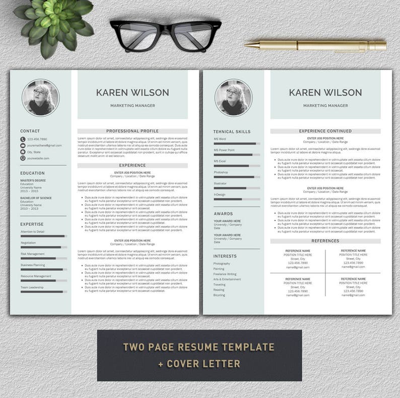 May include: A two-page resume template with a cover letter. The resume is for Karen Wilson, Marketing Manager. The resume includes contact information, education, experience, skills, awards, and interests.