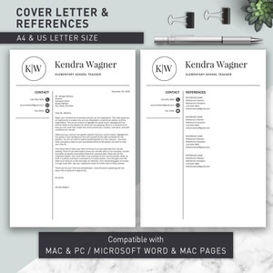 May include: A black and white cover letter and references template for elementary school teachers. The template includes a contact section, a references section, and a space for a cover letter. The template is compatible with Mac and PC, Microsoft Word, and Mac Pages.