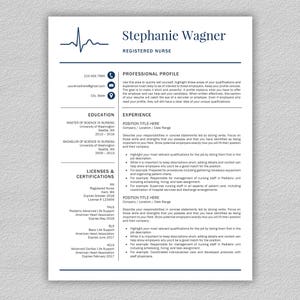 May include: A resume template for a registered nurse with a professional profile, education, experience, licenses and certifications sections. The resume is formatted with a blue and white color scheme.