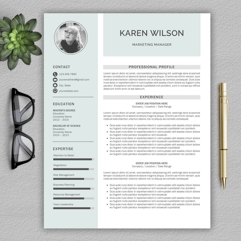 May include: A resume template with a light green background and a professional headshot of a woman. The resume includes sections for contact information, education, expertise, professional profile, and experience. The text on the resume is black and white.