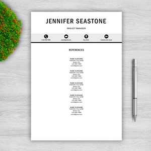 May include: A professional resume template with the name "JENNIFER SEASTONE" and the title "PROJECT MANAGER" at the top. The resume includes contact information and a section for references. A silver pen rests on the right side of the document.