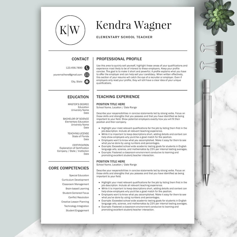 May include: A black and white resume template with the name Kendra Wagner and the title Elementary School Teacher. The resume includes sections for contact information, professional profile, education, teaching experience, and core competencies.