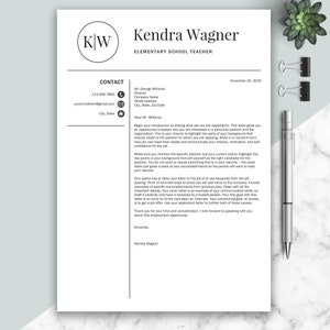 May include: A black and white resume template with the name Kendra Wagner and the title Elementary School Teacher. The resume includes contact information, a cover letter, and a closing signature.