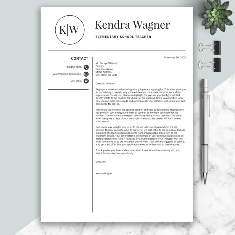 May include: A black and white resume template with the name Kendra Wagner and the title Elementary School Teacher. The resume includes contact information, a cover letter, and a closing signature.