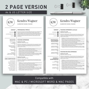 May include: A two-page resume template for elementary school teachers. The template is compatible with Mac and PC, Microsoft Word, and Mac Pages. The template includes sections for contact information, education, teaching experience, professional development, teaching-related experience, awards and achievements, and core competencies.