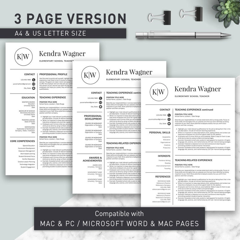 May include: A three-page resume template for elementary school teachers. The template is designed in a minimalist style with black text on a white background. The template includes sections for contact information, education, teaching experience, professional development, awards and achievements, teaching-related experience, personal skills, interests, and references. The template is compatible with Microsoft Word and Mac Pages.