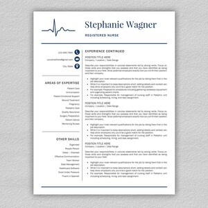 May include: A resume for a registered nurse named Stephanie Wagner. The resume lists her areas of expertise, other skills, and experience. The resume is formatted with a blue and white color scheme.
