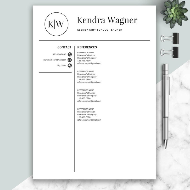 May include: A black and white resume template with the text "KW Kendra Wagner Elementary School Teacher" at the top. The resume includes contact information and a section for references.