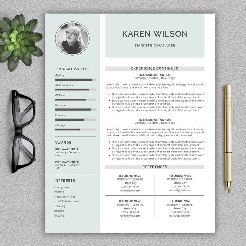 May include: A light blue resume template with a photo of a woman in the top left corner. The resume includes sections for technical skills, awards, interests, and references. The text "KAREN WILSON" is at the top of the page, with the title "MARKETING MANAGER" below it.