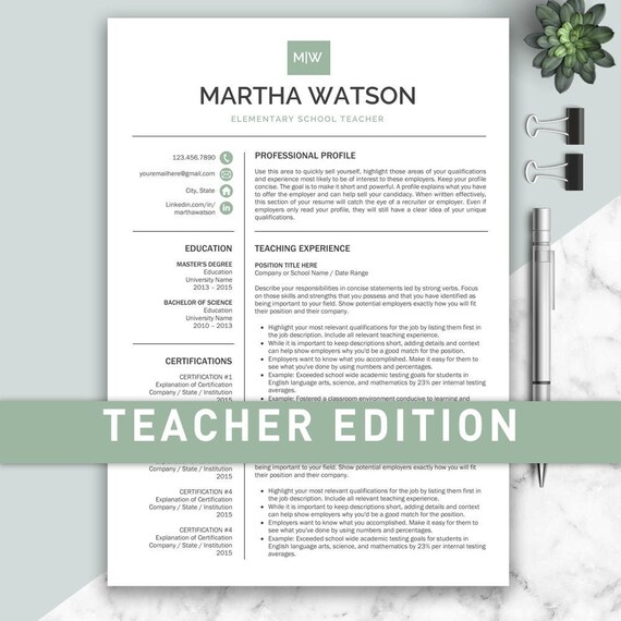 Teacher Resume Template for Word and Pages | Elementary Resume, 2 Page Teacher Resume, Education Resume, Resume Teacher, Cv Teacher
