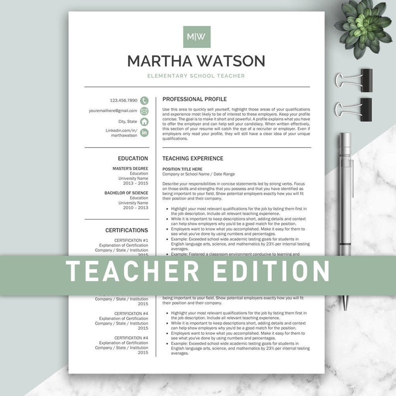 May include: A resume template designed for elementary school teachers. The template includes sections for professional profile, education, teaching experience, and certifications. The template is in a modern, clean design with a green and white colour scheme.
