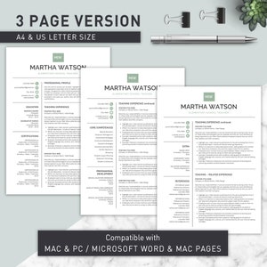 May include: A three-page resume template designed for elementary school teachers. The template is compatible with Microsoft Word and Mac Pages. It includes sections for professional profile, education, teaching experience, certifications, core competencies, professional development, extra, teaching-related experience, and references.