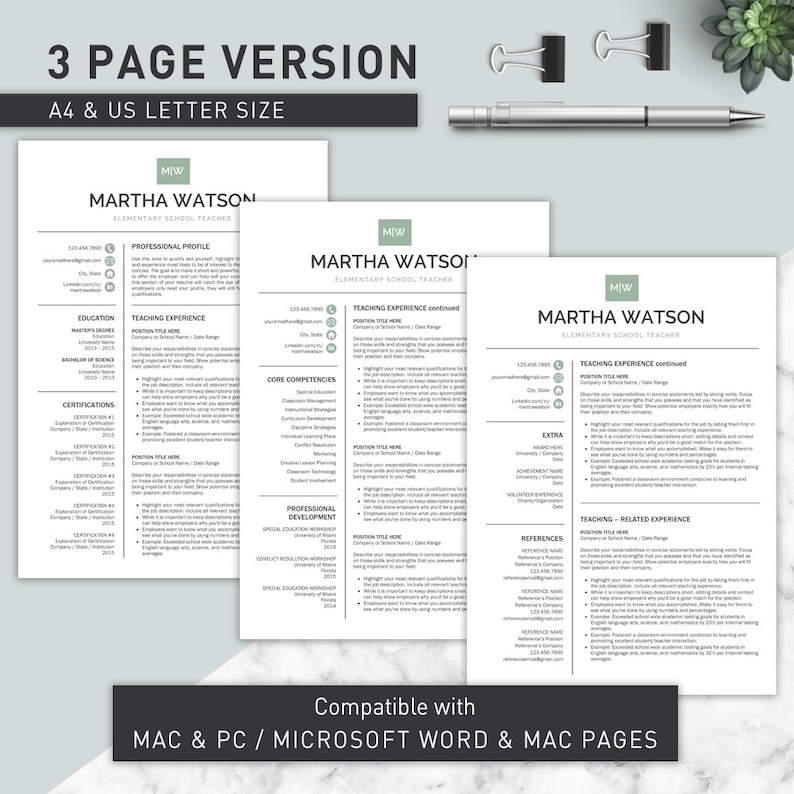 May include: A three-page resume template designed for elementary school teachers. The template is compatible with Microsoft Word and Mac Pages. It includes sections for professional profile, education, teaching experience, certifications, core competencies, professional development, extra, teaching-related experience, and references.
