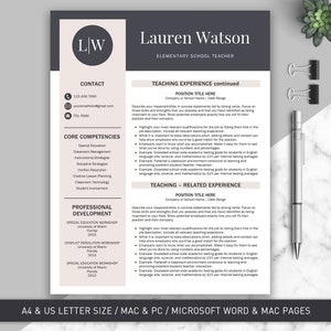 May include: A black and white resume template with a grey background. The resume is for an elementary school teacher named Lauren Watson. The resume includes contact information, core competencies, professional development, and teaching experience.