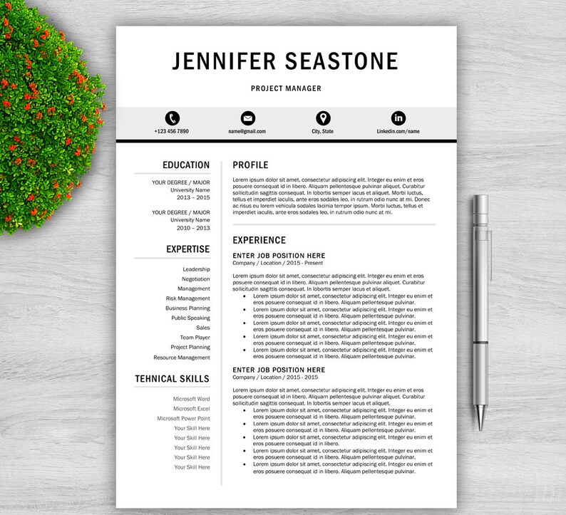 May include: A professional resume template with the name "JENNIFER SEASTONE" at the top, followed by contact information and sections for education, expertise, and experience. A silver pen rests on the right side of the page.