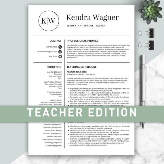 Teacher Resume Template for Word & Pages | Teacher CV Template, Teaching Resume, Elementary Resume | Educator Resume