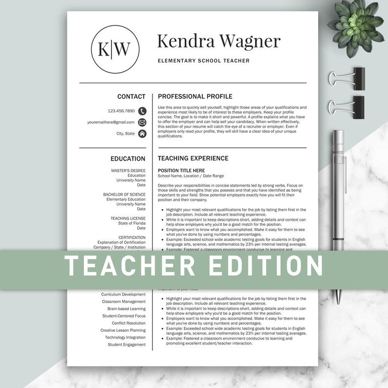 May include: A black and white resume template for elementary school teachers. The template features a professional profile section, education section, teaching experience section, and teacher edition section. The resume template is designed to help teachers create a professional and effective resume.