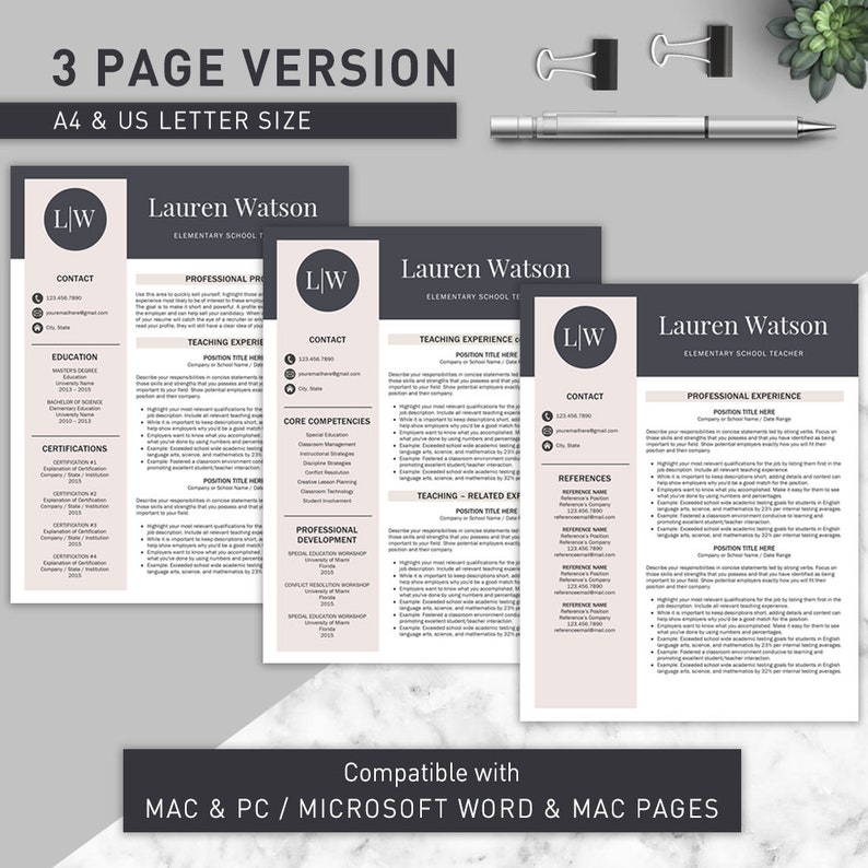 May include: A three-page resume template in a dark grey and light grey colour scheme. The template is compatible with Mac and PC, Microsoft Word, and Mac Pages. The resume includes sections for contact information, education, certifications, core competencies, professional development, teaching experience, and references.