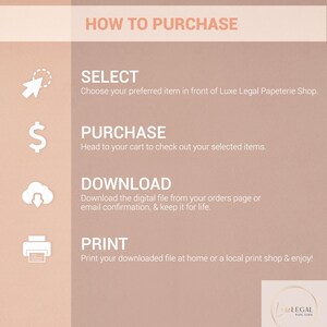 Może przedstawiać: R&oacute;żowa i biała grafika z czterema krokami dotyczącymi zakupu przedmiot&oacute;w cyfrowych z Luxe Legal Papeterie Shop. Kroki to: Wybierz, Kup, Pobierz i Wydrukuj.