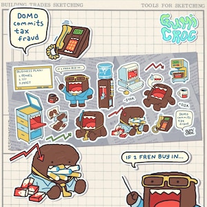 May include: A whimsical illustration featuring Domo-kun characters in various business scenarios. The image includes speech bubbles with text like "DOMO commits tax fraud" and "BUSINESS PLAN: 1. Stonks". Other elements include a telephone, computer, and coffee maker.