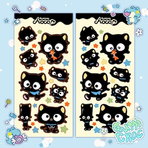 May include: Two sheets of stickers featuring black cats with different expressions. The stickers are on a yellow background with colorful stars and the text "GumiCroc Choco" at the top. The bottom sheet has the text "Gumi Croc" in a colorful bubble.