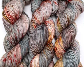 Hand Dyed Yarn "Pheasant Plucker" Green Grey Brown Gold Avocado Copper Scarlet Speckled Merino Sport Superwash 328yds 100g