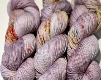 Hand Dyed Yarn "Hullabaloo" Purple Mauve Violet Red Gold Green Brown Ochre Speckled Merino Sport Superwash 328yds 100g