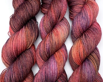 Hand Dyed Yarn "Masquerade" Blue Brown Purple Pink Red Navy Grey Maroon Wine Merino Silk Fingering Singles Superwash 438yds 100g