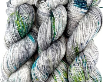 Hand Dyed Yarn "Shattered" Grey Silver Green Navy Turquoise Chartreuse Yellow Speckled Silk Linen Heavy Lace 756yds 115g