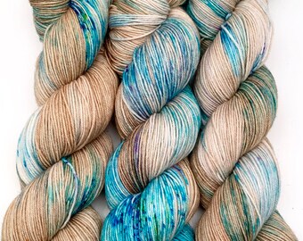 Hand Dyed Yarn "Glacial" Turquoise Teal Violet Blue Brown Tan Caramel Speckled Merino Nylon Fine Fingering SW 463yds 100g