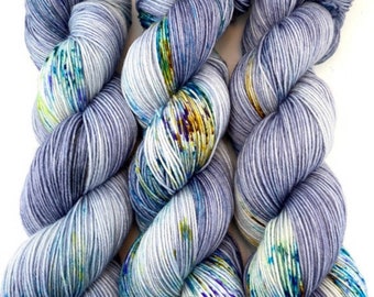 Hand Dyed Yarn "BeeBop Blues" Blue Turquoise Navy Grey Gunmetal Green Violet Gold Speckled Polwarth Fingering Weight SW 438yds 100g
