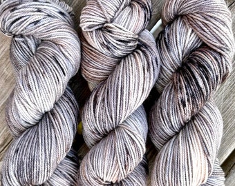 Hand Dyed Yarn "Silverbirchenstick" Grey Tan Silver Brown Black Speckled Merino DK Superwash 243yds 100g