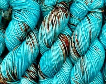 Hand Dyed Yarn "Guitars, Cadillacs" Blue Teal Turquoise Rust Violet Green Brown Caramel Speckled Merino Superwash Worsted 210yds 115g