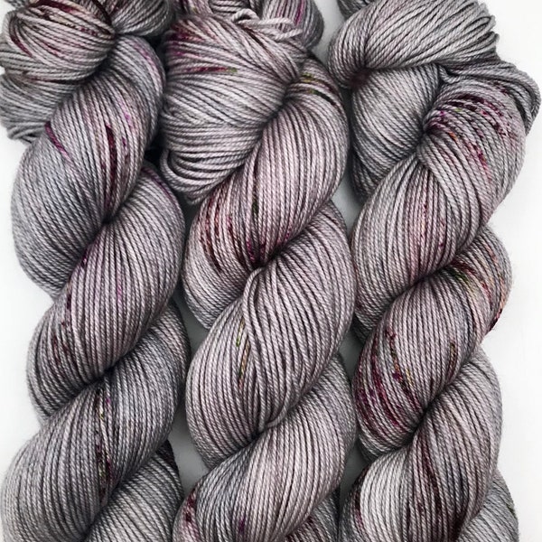 Hand Dyed Yarn "Dark Side of the Bloom" Grey Purple Green Brown Yellow Speckled Merino Cashmere Silk Sportweight Superwash  300yds