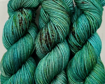 Hand Dyed Yarn "Frog on a Log" Green Yellow Lime Avocado Blue Brown Spruce Speckled Merino Superwash Worsted 210yds 115g