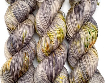 Hand Dyed Yarn "Lichen Me on Mossbook"  Grey Tan Brown Yellow Orange Green Black Brown Lime Speckled Merino Fingering SW 438yds 100g