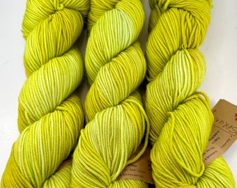 Hand Dyed Yarn "Sprung" Acid Green Yellow Gold Chartreuse Lime Polwarth DK Superwash 246yds 100g