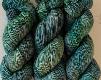 Hand Dyed Yarn "If a Teal Falls in the Forest…" Green Teal Blue Navy Spruce Lime Bluefaced Leicester Fingering SW 438yds 100