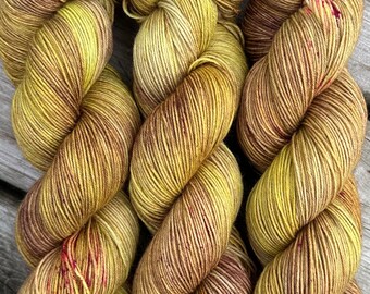 Hand Dyed Yarn "Budding Chartrooze" Yellow Chartreuse Lime Olive Brown Chestnut Pink Purple BFL Nylon Fingering Sock SW 463yds 100g