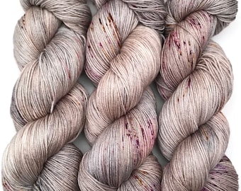 Hand Dyed Yarn "In the Gloaming" Grey Tan Brown Gold Silver Purple Speckled Merino Silk DK Superwash 246yds 100g