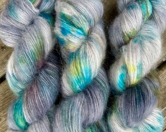 Hand Dyed Yarn "BeeBop Blues" Blue Grey Navy Turquoise Teal Ochre Gold Baby Suri Alpaca Silk Laceweight 437yds 50g