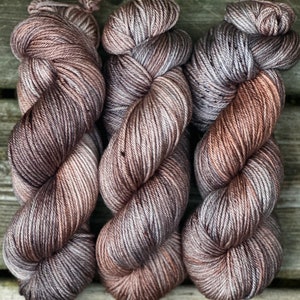 Hand Dyed Yarn "Whippoorwill" Brown Beige Tan Copper Grey Cinnamon Speckled Merino Silk DK Weight Superwash 246yds 100g