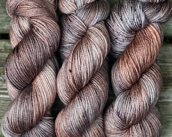 Hand Dyed Yarn "Whippoorwill" Brown Beige Tan Copper Grey Cinnamon Speckled Merino Silk DK Weight Superwash 246yds 100g