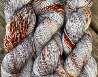 Hand Dyed Yarn "Rusty Bucket" Grey Brown Zinc Rust Copper Orange Speckled Merino Fine Fingering Singles Superwash 465yds 115g