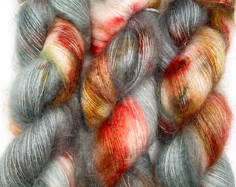 Hand Dyed Yarn "Pheasant Plucker" Green Grey Teal Yellow Gold Brown Red Baby Suri Alpaca Silk Laceweight 437yds 50g