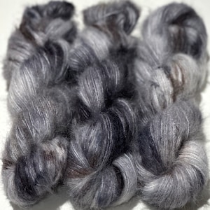 Hand Dyed Yarn &quot;Scattered&quot; Grey Silver Charcoal Brown Black Speckled Baby Suri Alpaca Silk Heavy Laceweight 328yds 50g