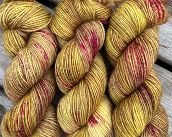 Hand Dyed Yarn "Chartrooze in Bloom" Yellow Chartreuse Lime Olive Brown Chestnut Pink Purple BFL Bluefaced Leicester DK SW 246yds 100g