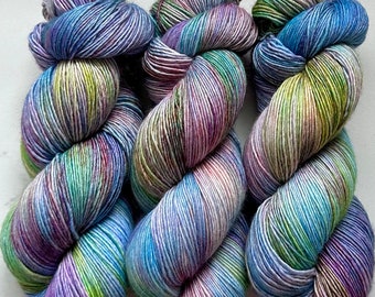 Hand Dyed Yarn "Cosmic Sound Machine"  Blue Pink Violet Lime Teal Red Purple Orange Merino Fine Fingering Singles Superwash 465yds 115g